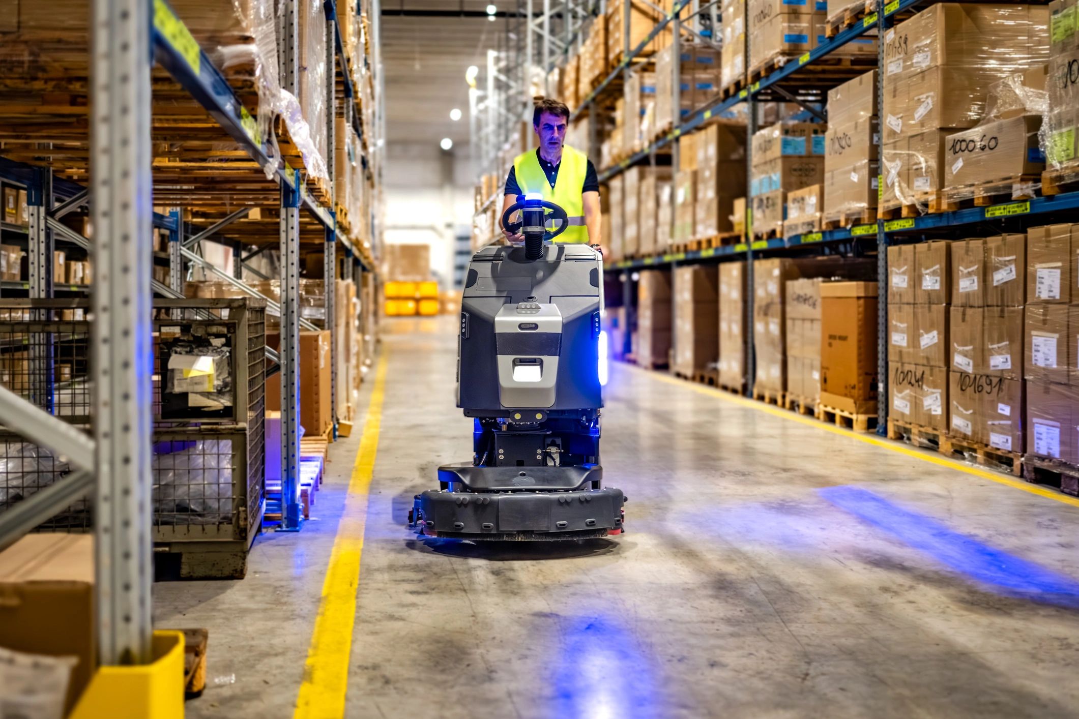 Worker using floor scrubber in a large commercial facility